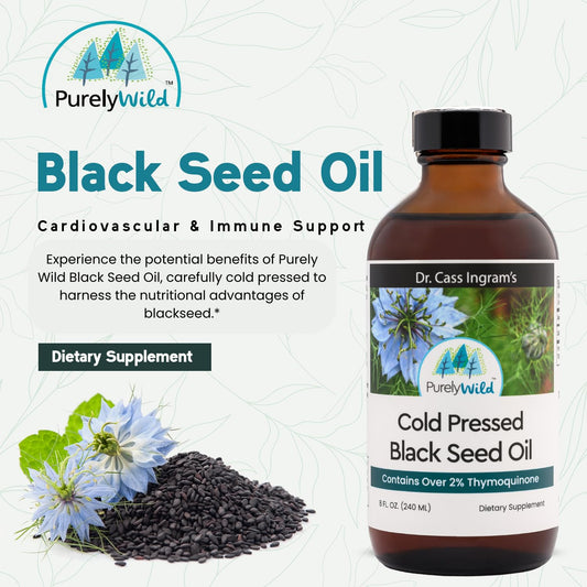 Pouring Purely Wild Black Seed Oil, versatile addition to smoothies and wellness routines.