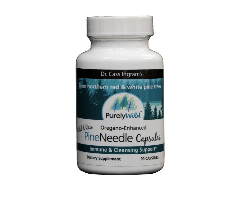PURELY WILD Dr. Cass Ingram pine needle capsules bottle signaling potential immune support.