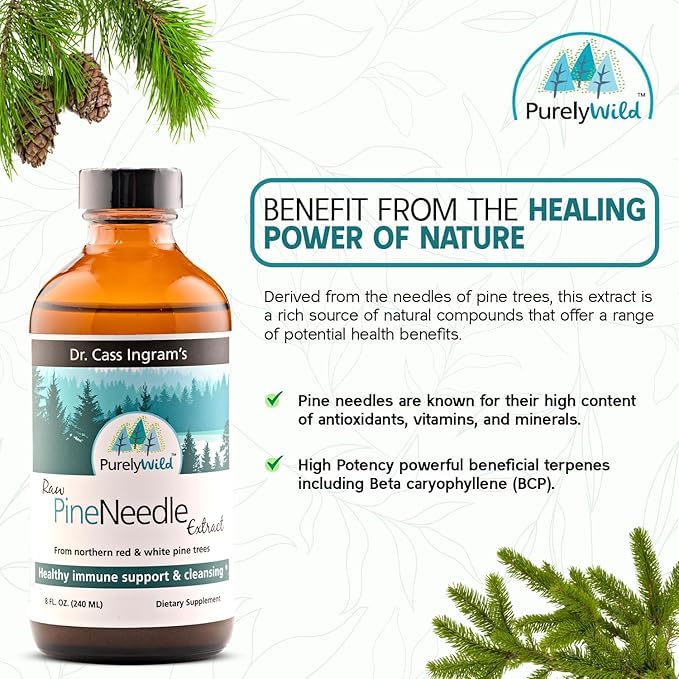 Dropper dispensing PURELY WILD Pine Needle Extract into a glass