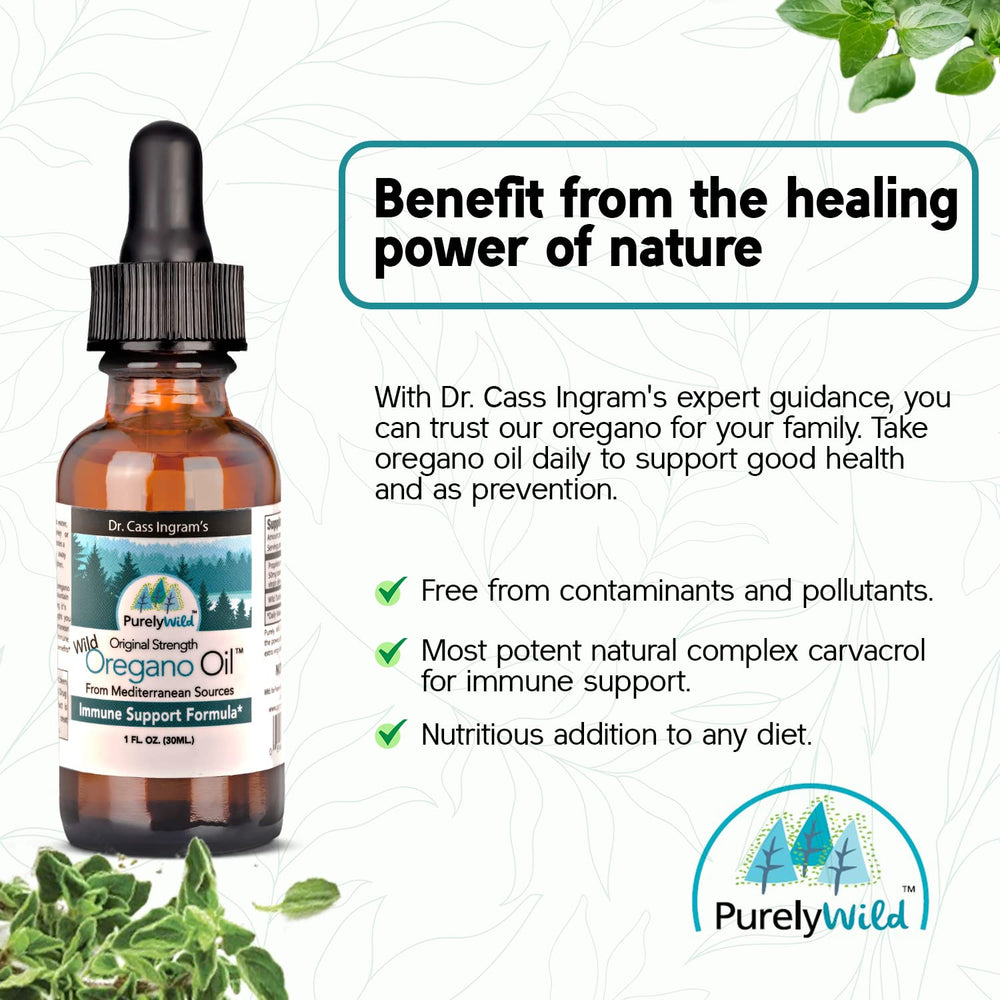 Purely Wild oregano oil pour reveals rich amber color and quality.