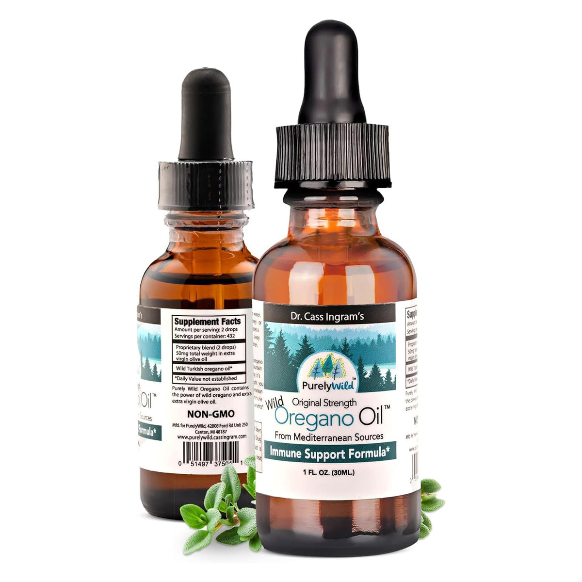 Purely Wild oregano oil bottle front view for daily use.
