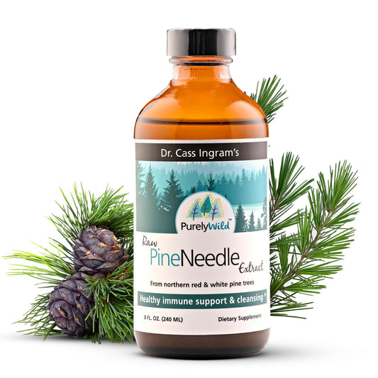 Purely Wild Pine Needle Extract bottle showing forest vitality for daily wellness.