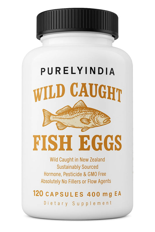 Purelyindia Wild-Caught Fish Eggs bottle showing omega-3 support for heart health