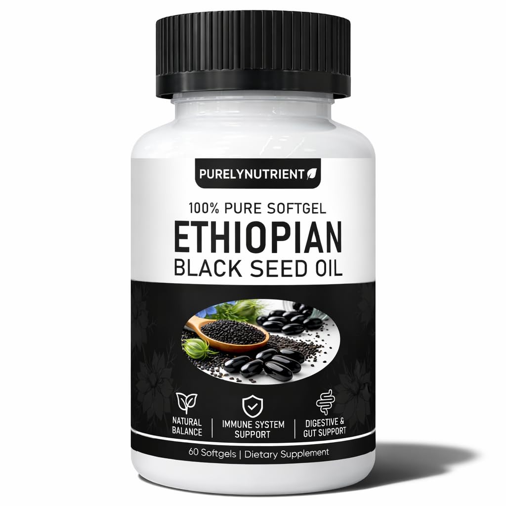 Purelynutrient Ethiopian black seed oil bottle showing organic cold-pressed extraction for daily wellness.