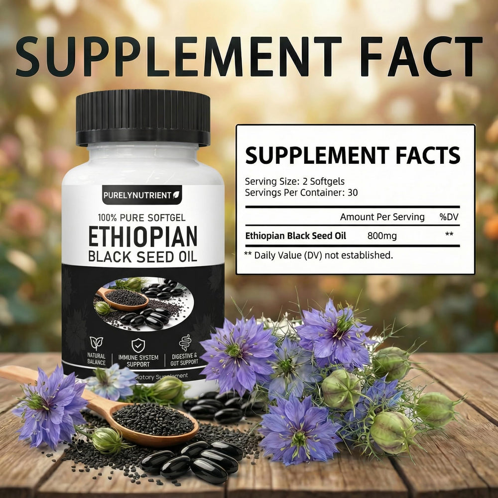 Purelynutrient Ethiopian black seed oil capsules designed for easy daily use and energy.