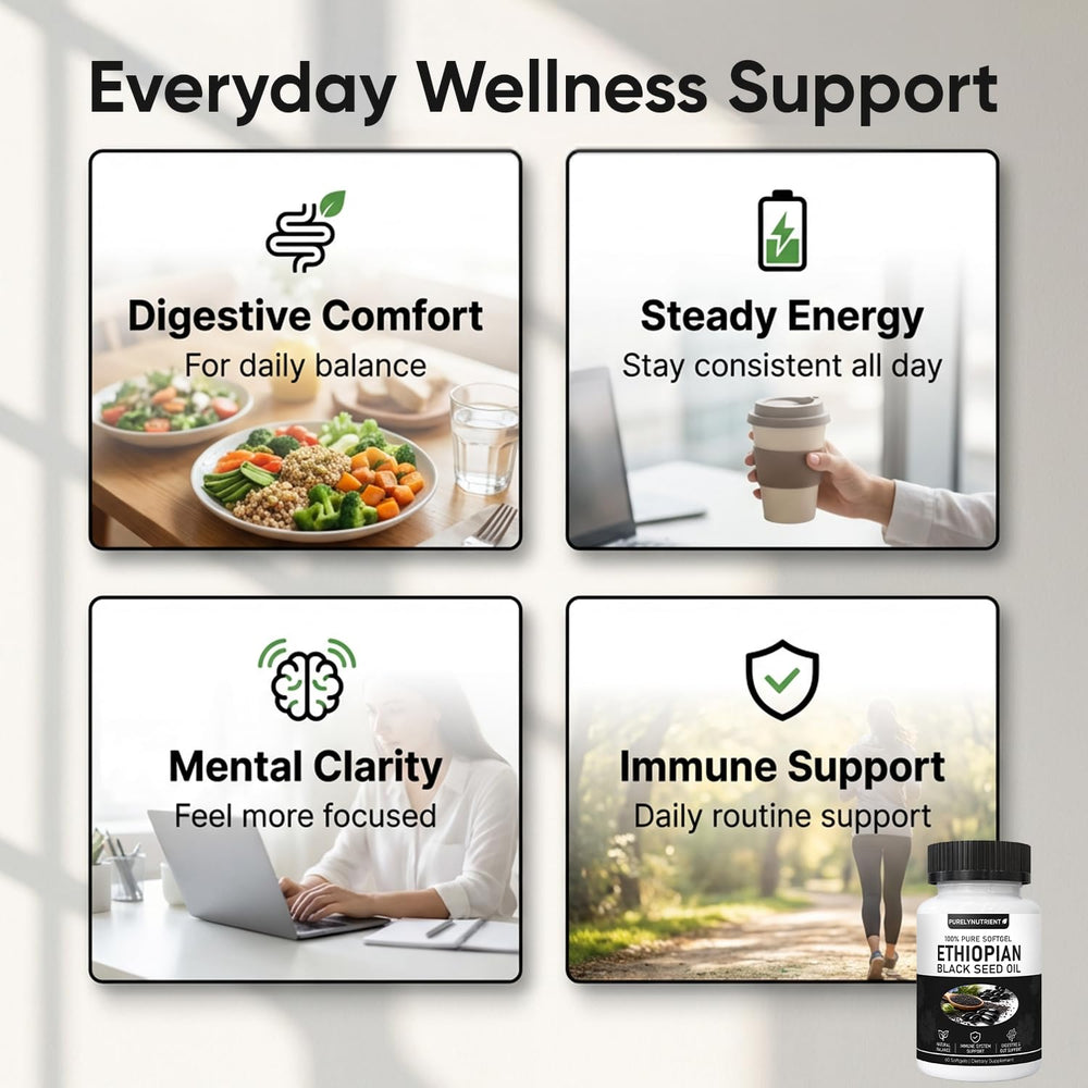 Purelynutrient label highlights thymoquinone content for potential plant-based balance.