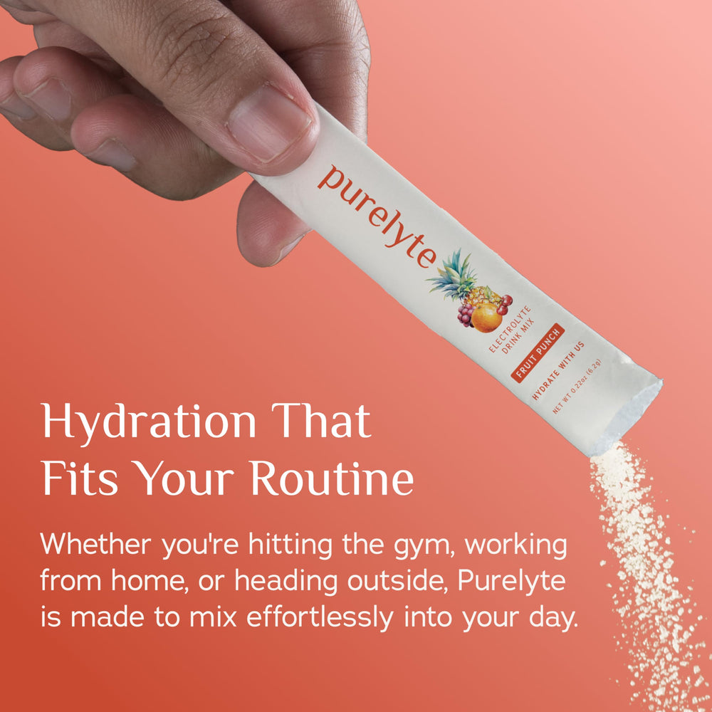 Purelyte Electrolyte Drink Mix on-the-go usage, easy to mix anywhere.