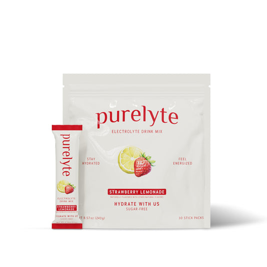 Purelyte Strawberry Lemonade electrolyte stick ready for quick hydration during workouts