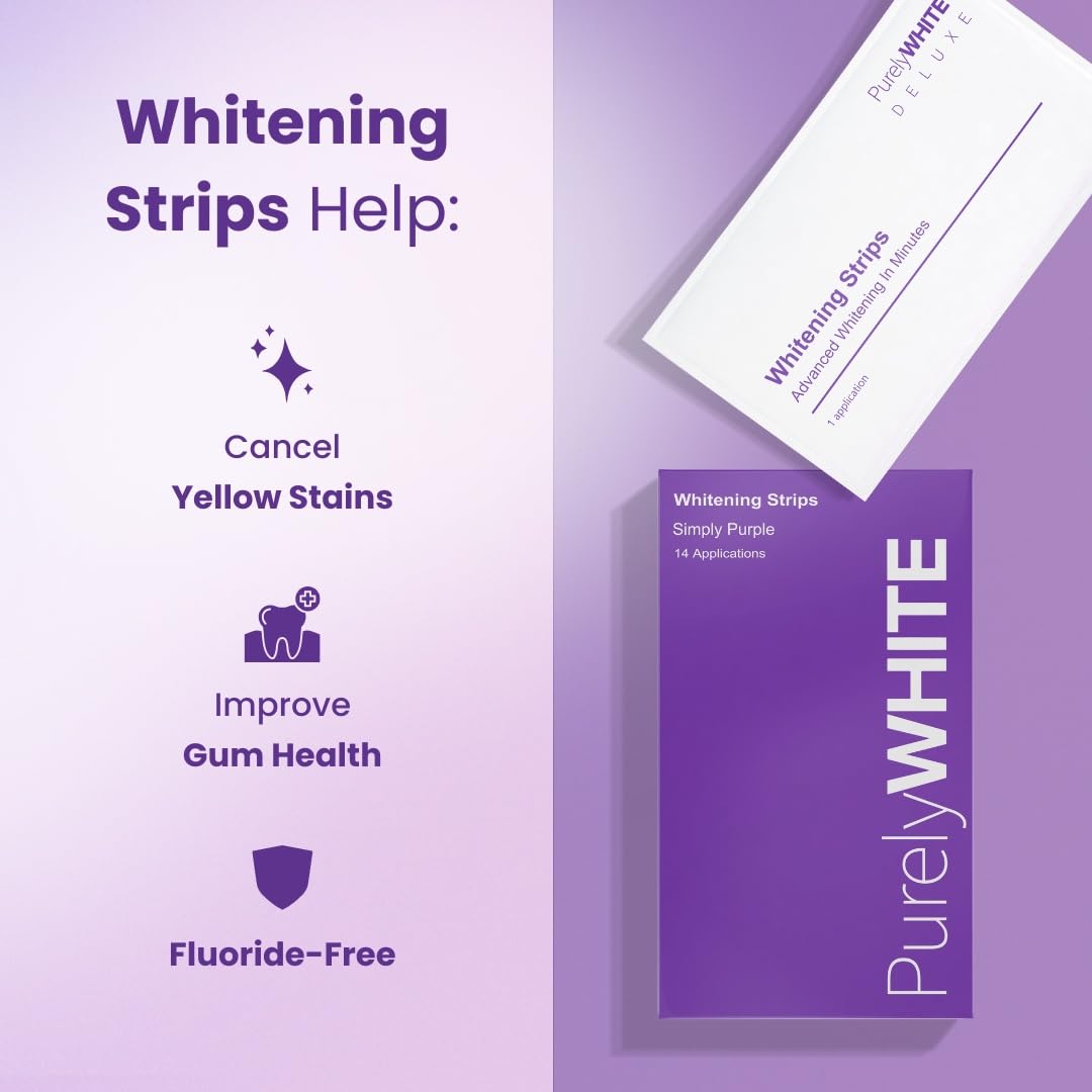 PurelyWHITE DELUXE purple strips on teeth showing enamel-safe whitening.