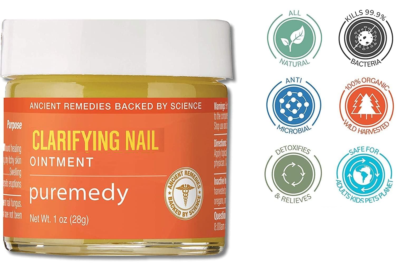 Puremedy Clarifying Nail Ointment packaging shows 2 oz size for family use.