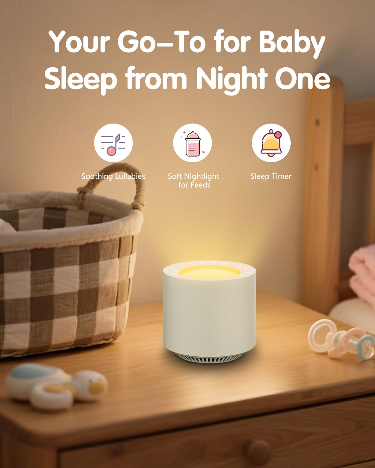 PureNurt 38-sounds library display with heartbeat and lullabies for soothing care.
