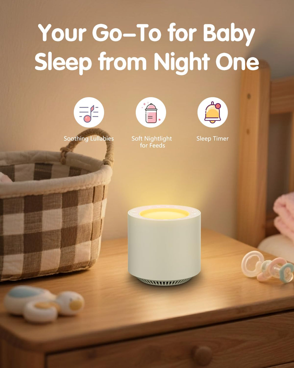 PureNurt 38-sounds library display with heartbeat and lullabies for soothing care.