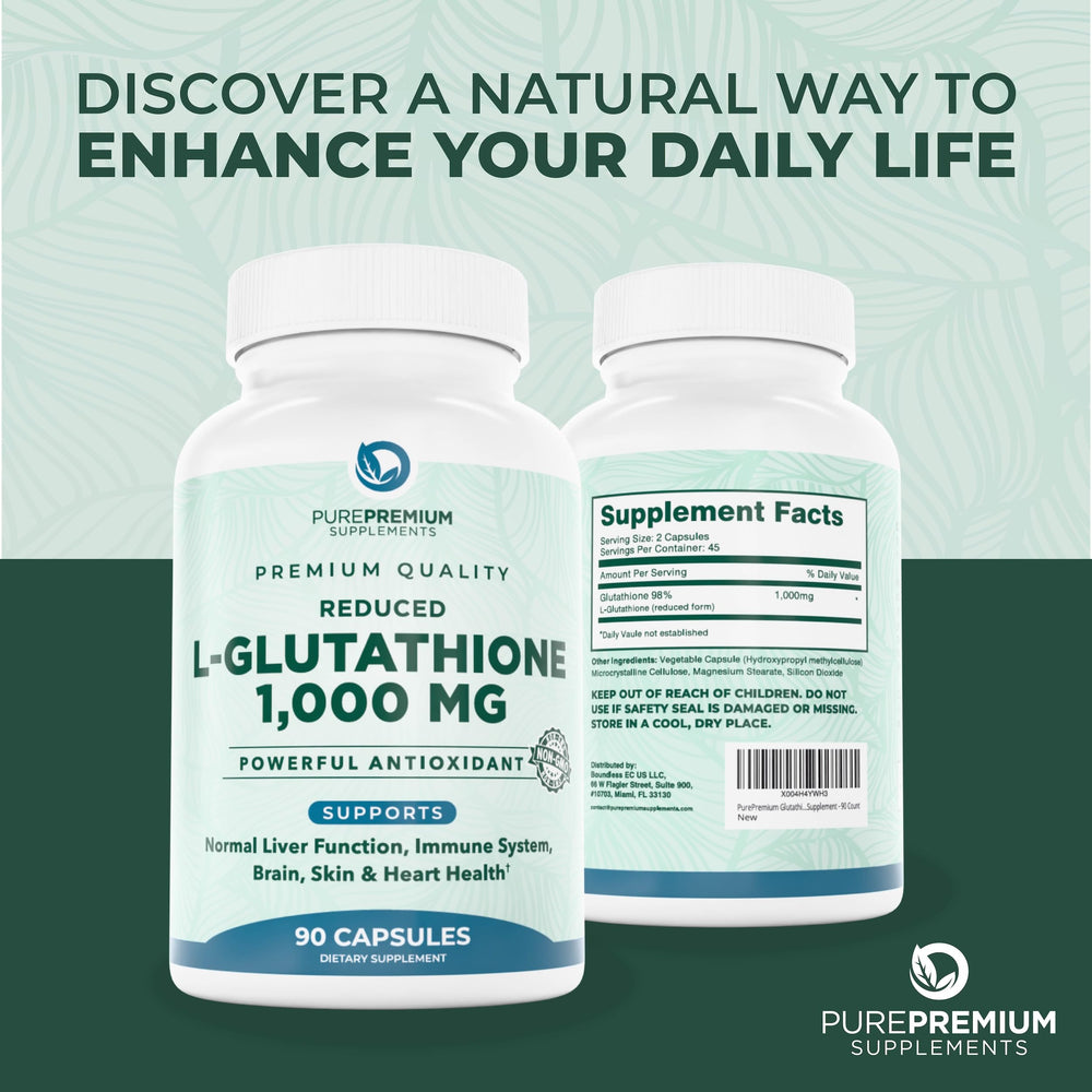 PurePremium Reduced Glutathione bottle showing 90 capsules for a two-month supply