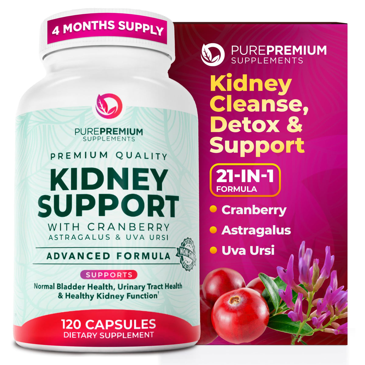 PurePremium Kidney Support bottle close-up showing capsules for daily kidney health.