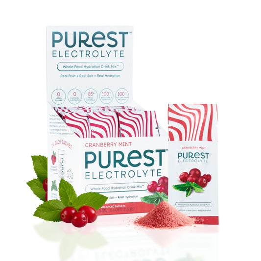 Purest Electrolyte packaging ready for on-the-go hydration and easy dosing.