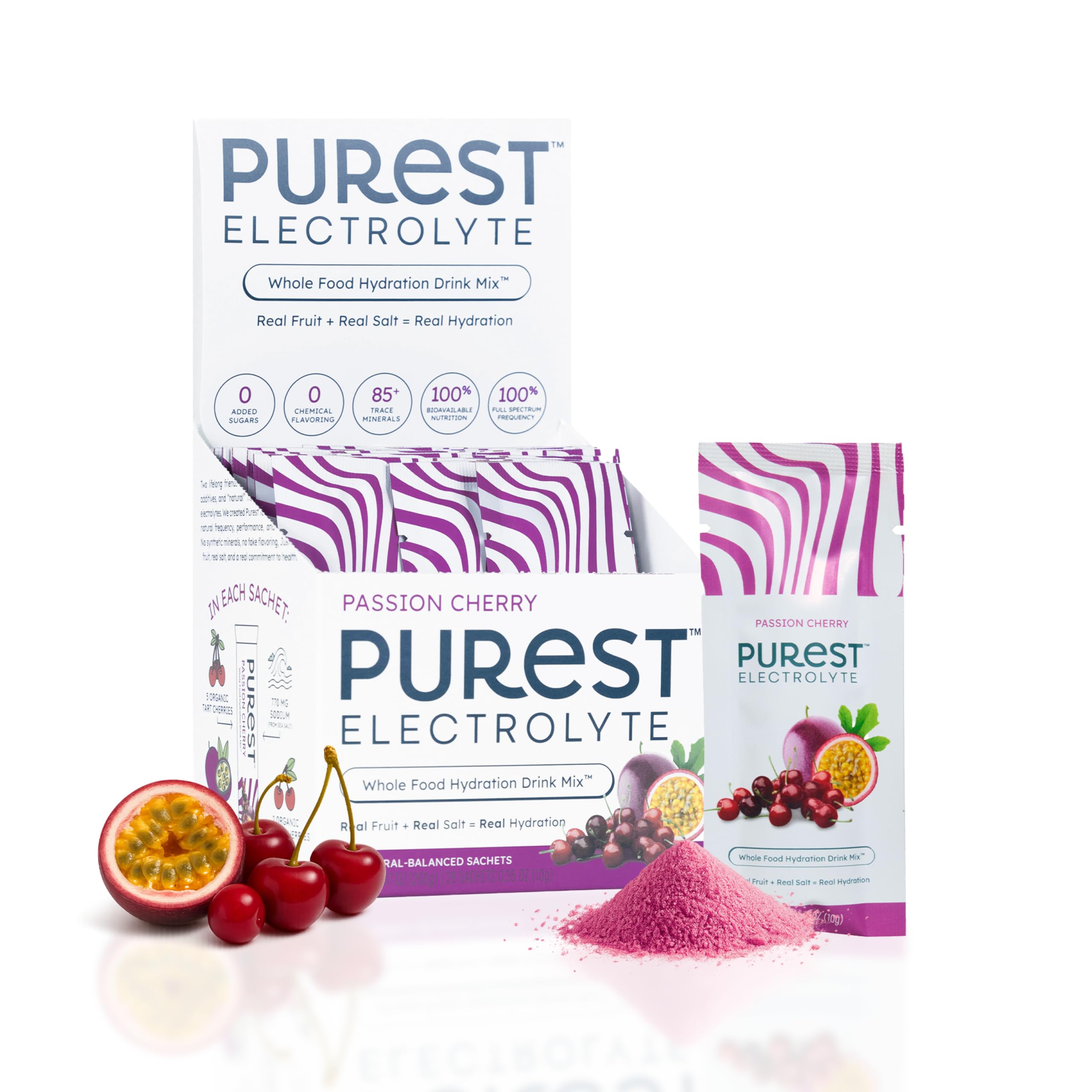 Purest Electrolyte Passion Cherry packets ready for hydration on the go