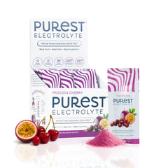 Purest Electrolyte Passion Cherry packets ready for hydration on the go