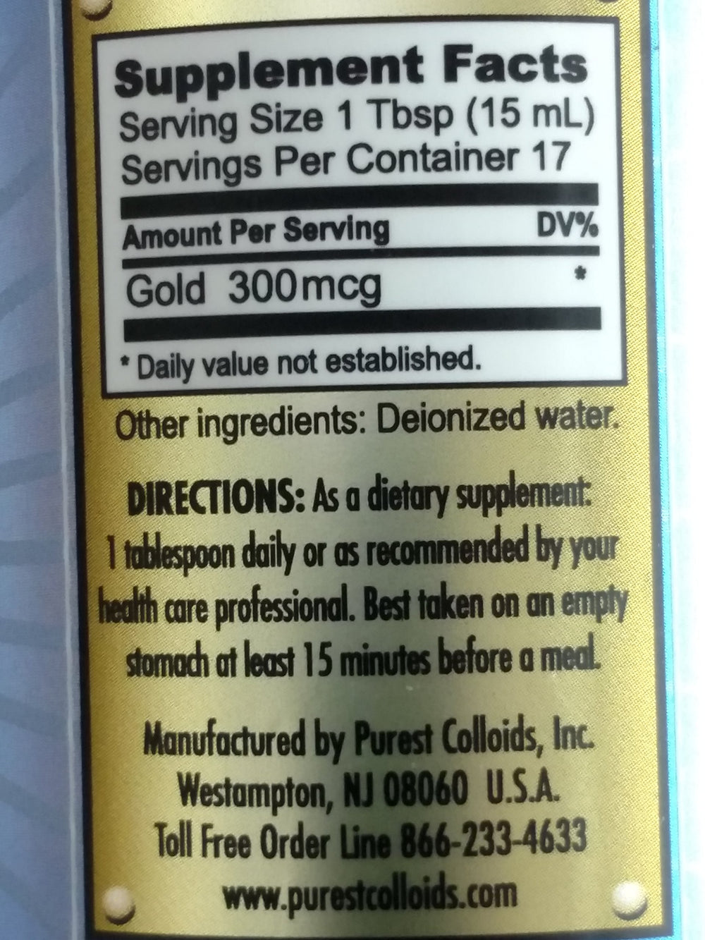 Purest Colloids MesoGold bottle illustrates long shelf life without refrigeration.