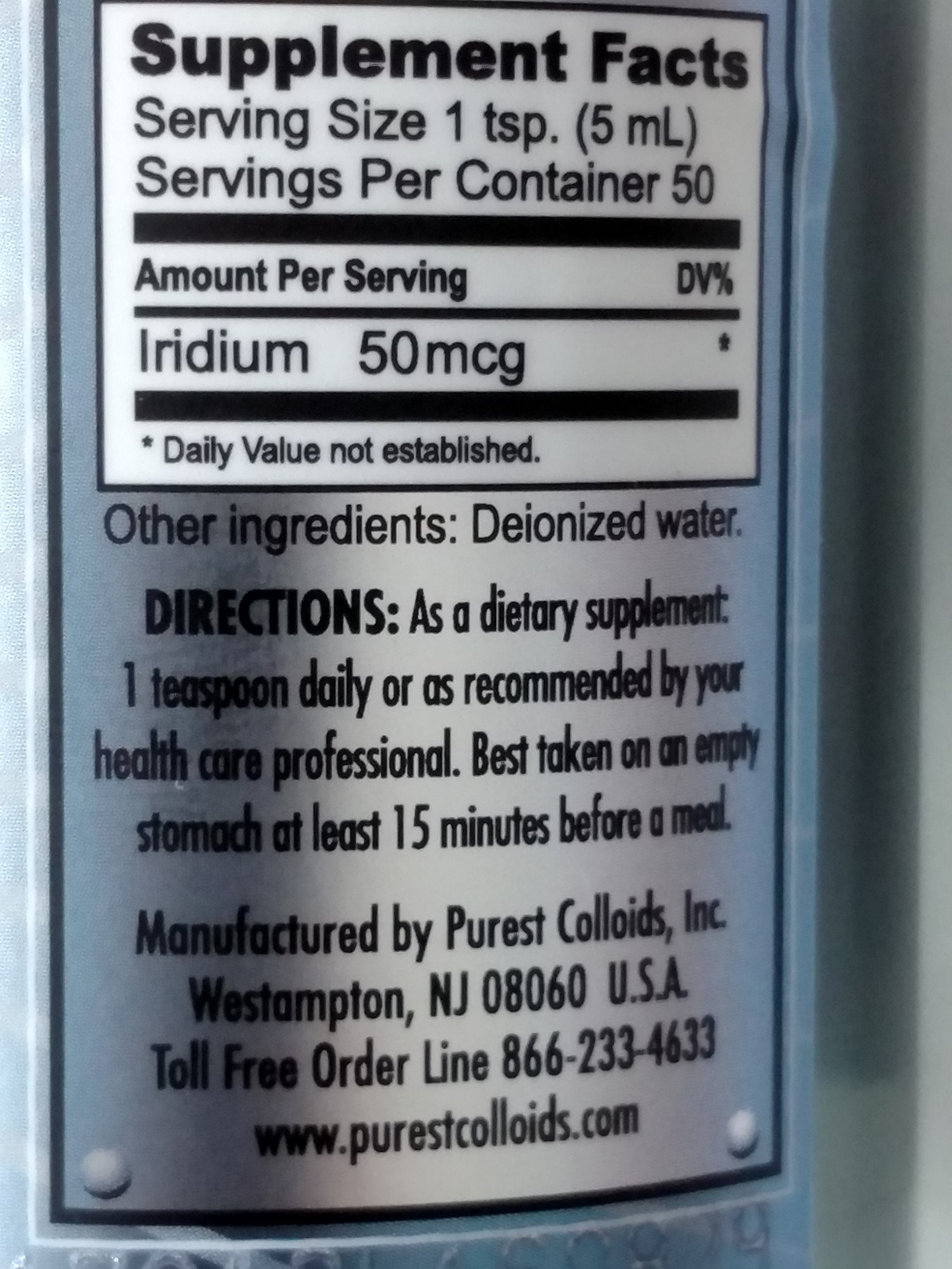 Purest Colloids MesoIridium label close-up highlights 10 ppm concentration and water purity.