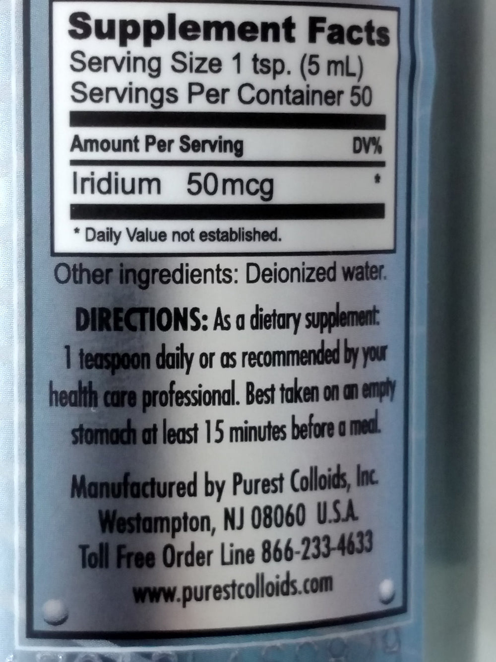 Purest Colloids MesoIridium label close-up highlights 10 ppm concentration and water purity.
