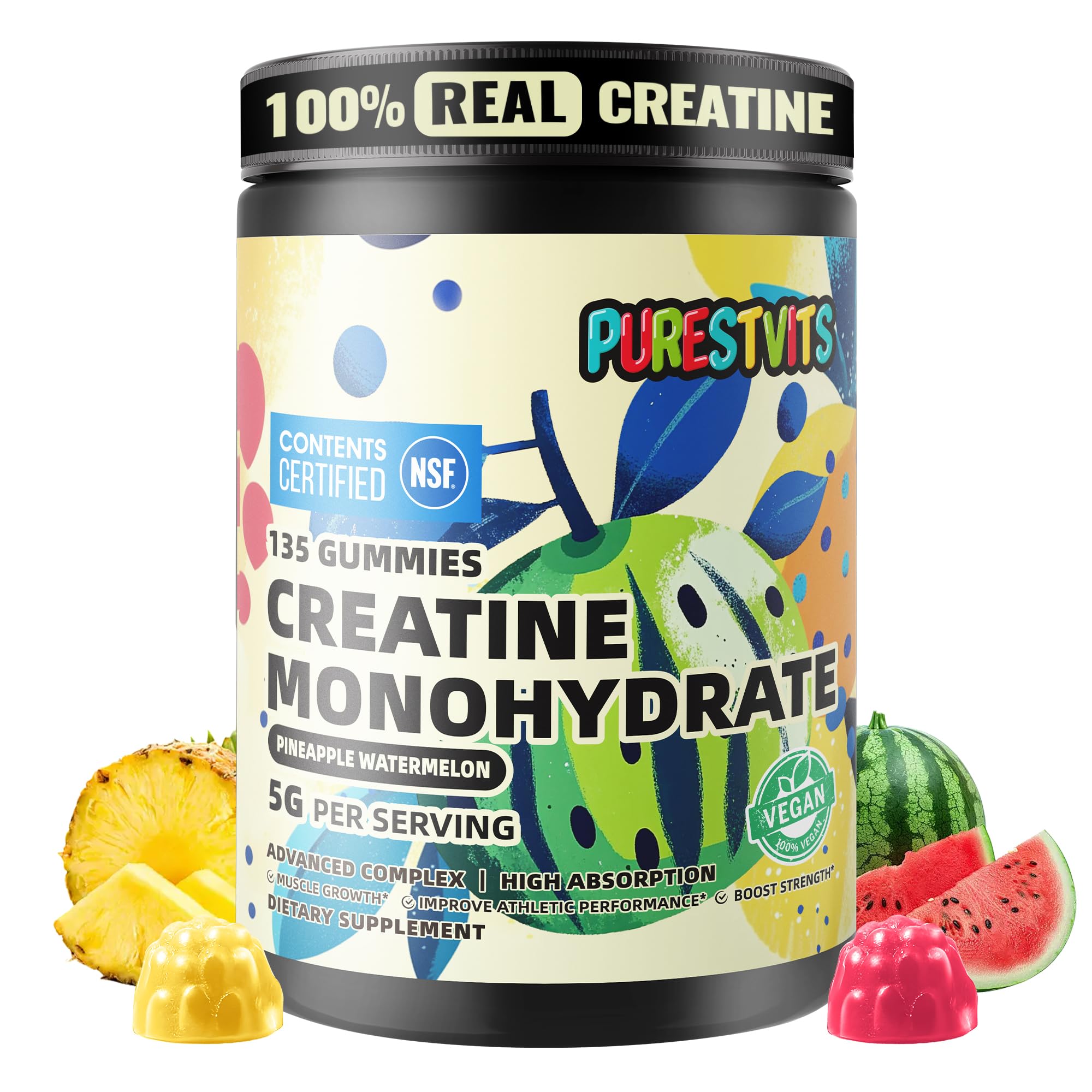 PURESTVITS Creatine Gummy bottle showcases 5g servings for convenient workouts