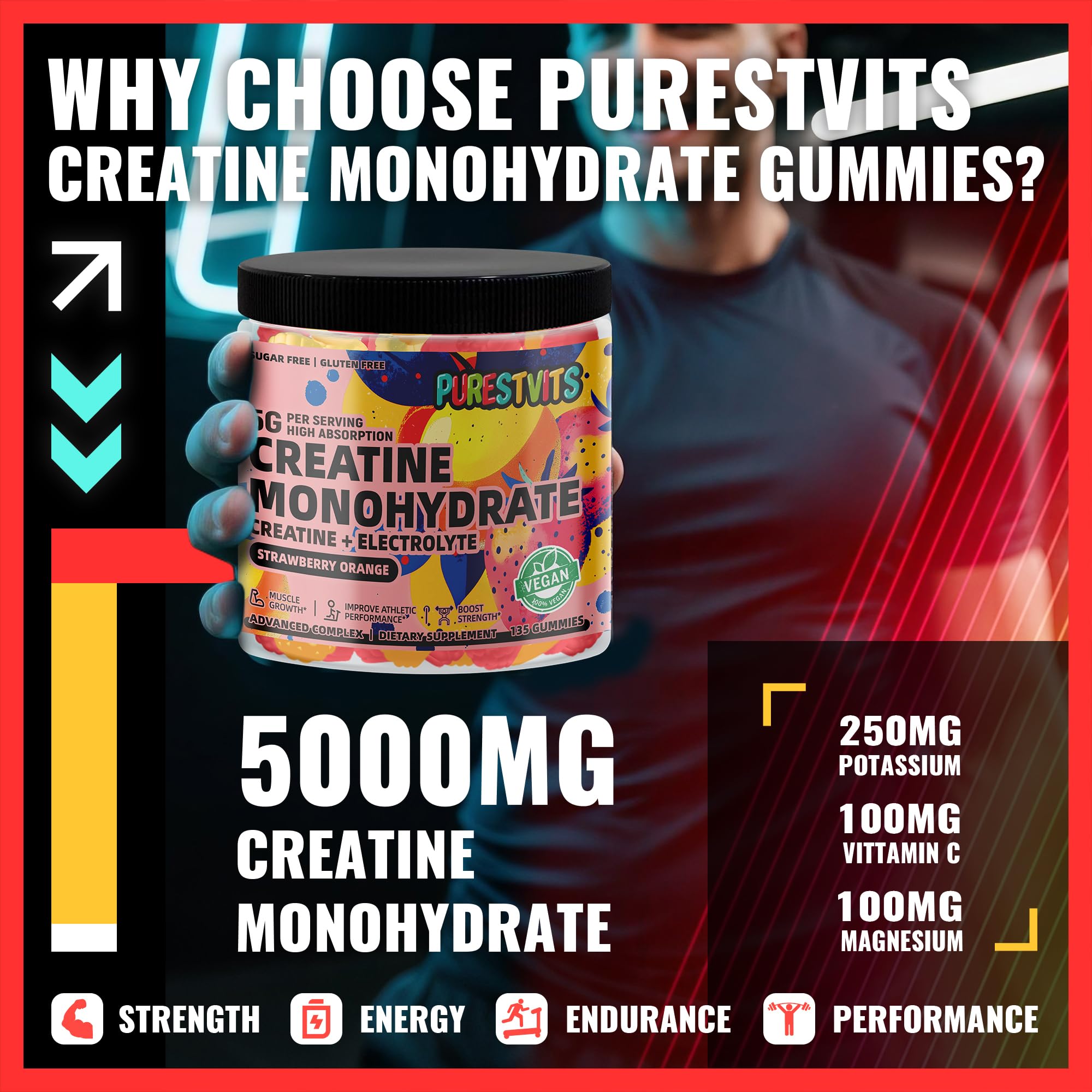 PURESTVITS Creatine Gummy 135-count bottle photographed for everyday training