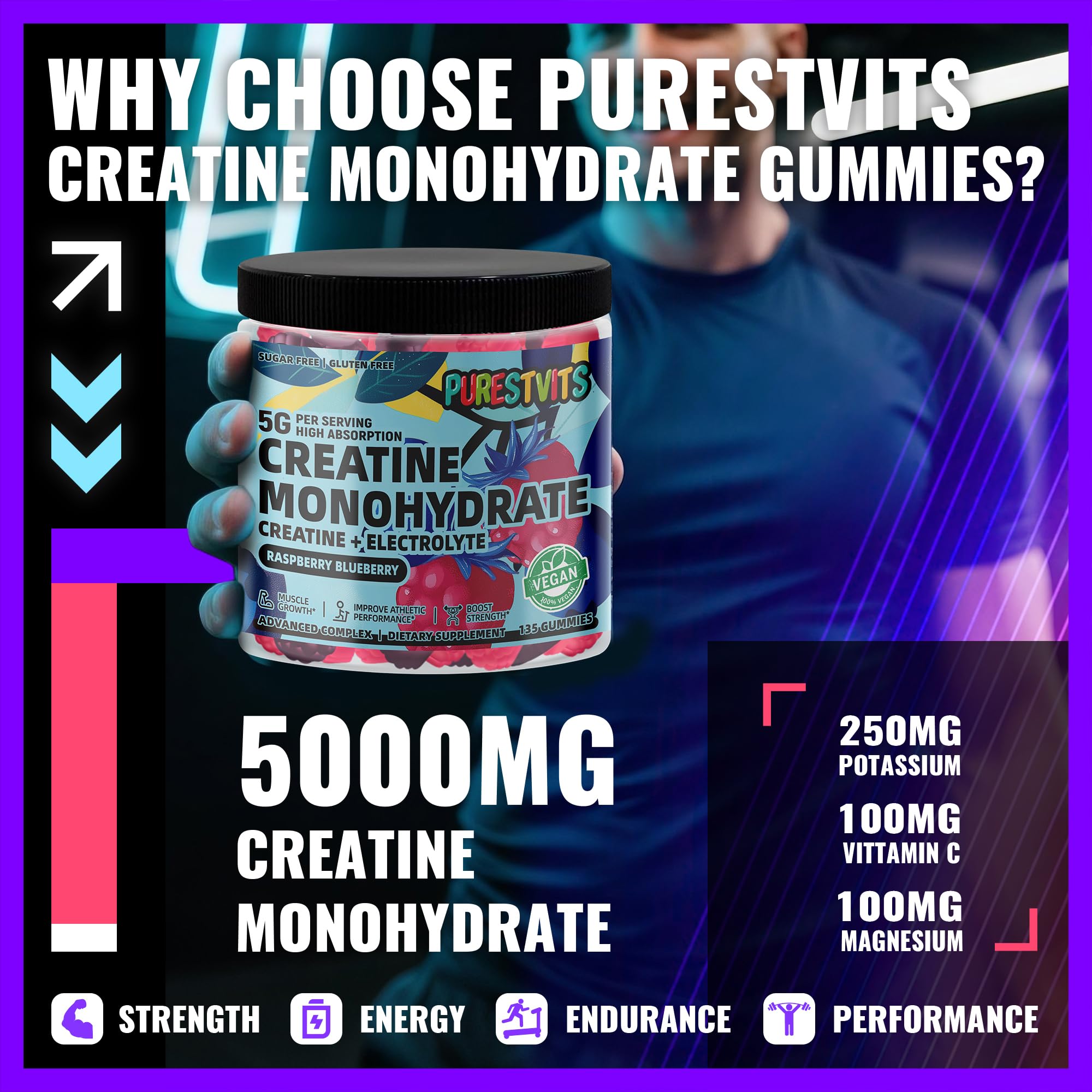 PURESTVITS creatine gummy jar closeup showing texture and color