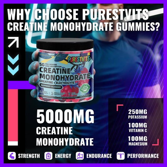 PURESTVITS creatine gummy jar closeup showing texture and color
