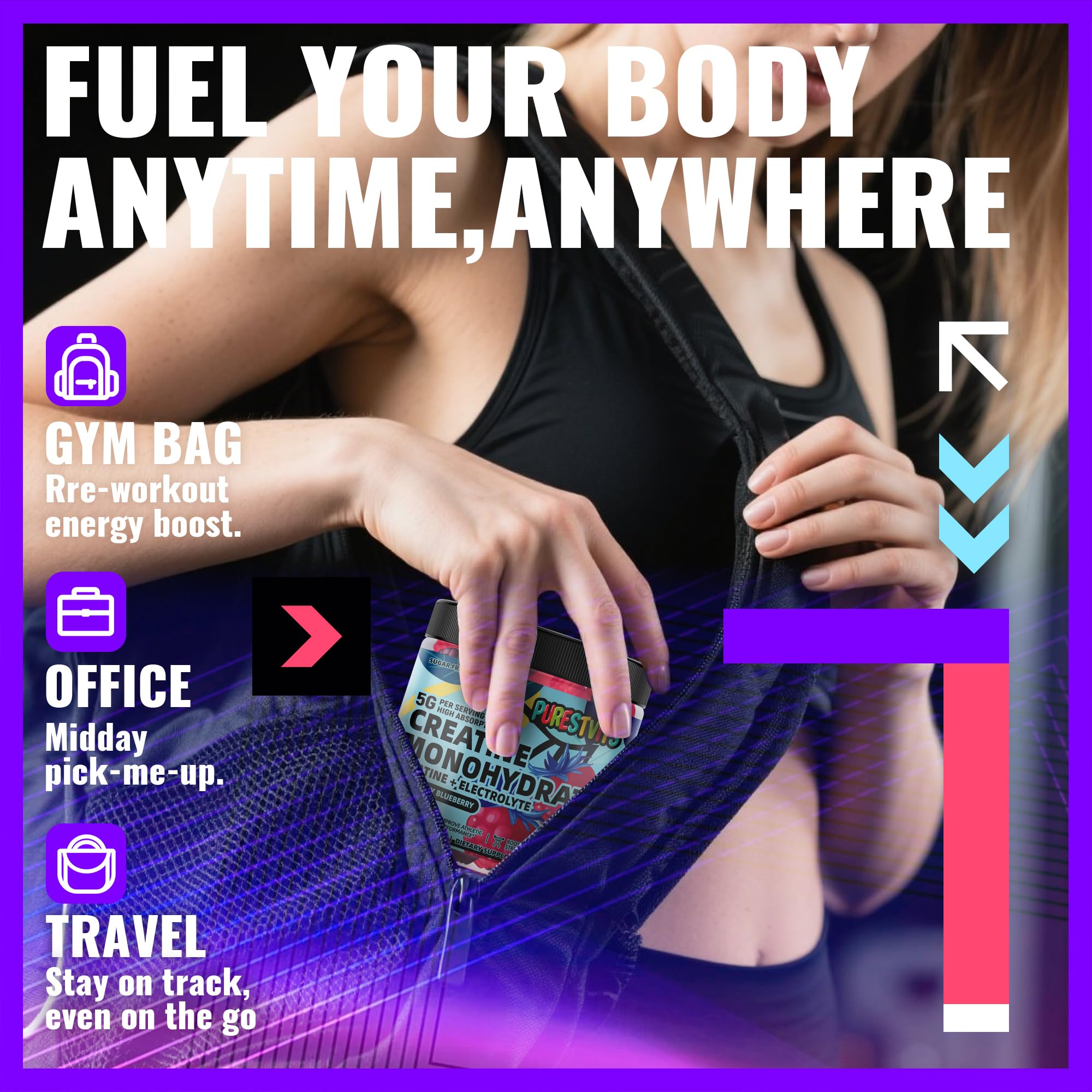 PURESTVITS creatine gummy label highlighting 5 g per serving