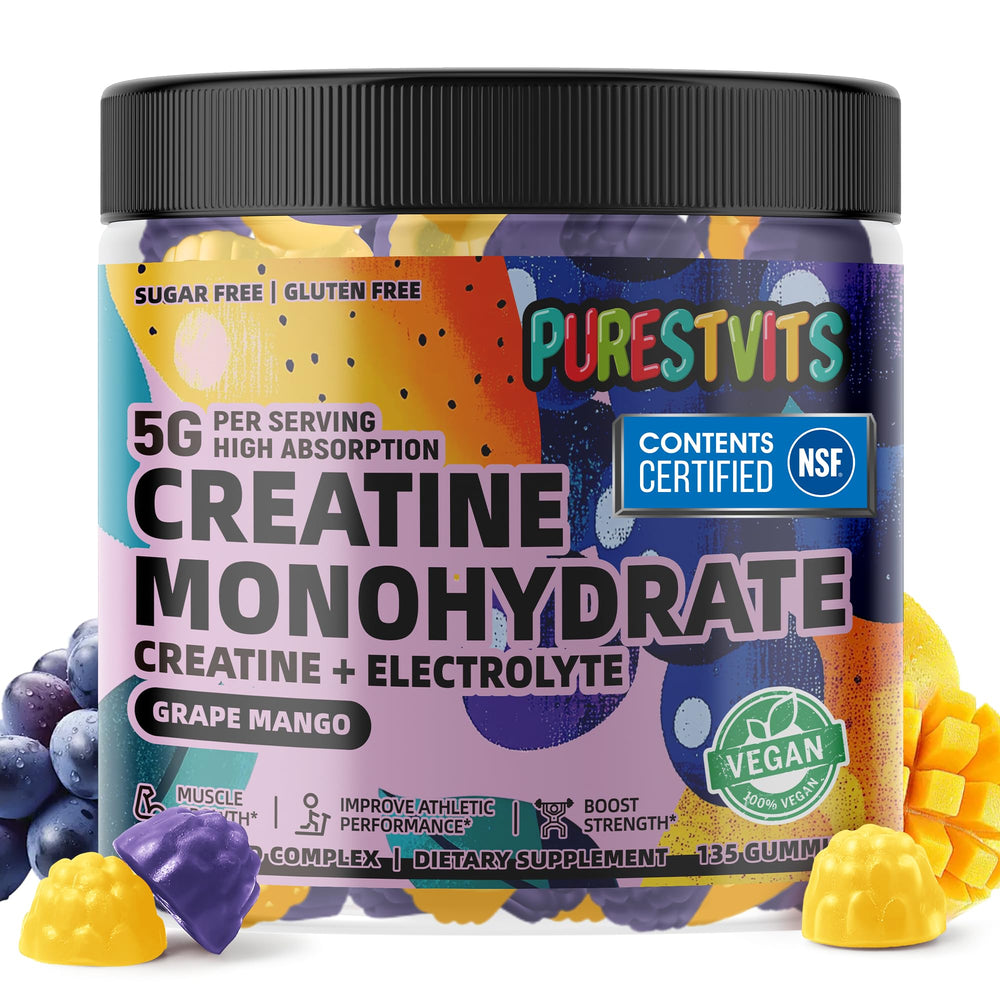 PURESTVITS Creatine Monohydrate Gummies bottle shown for convenient training supplementation.