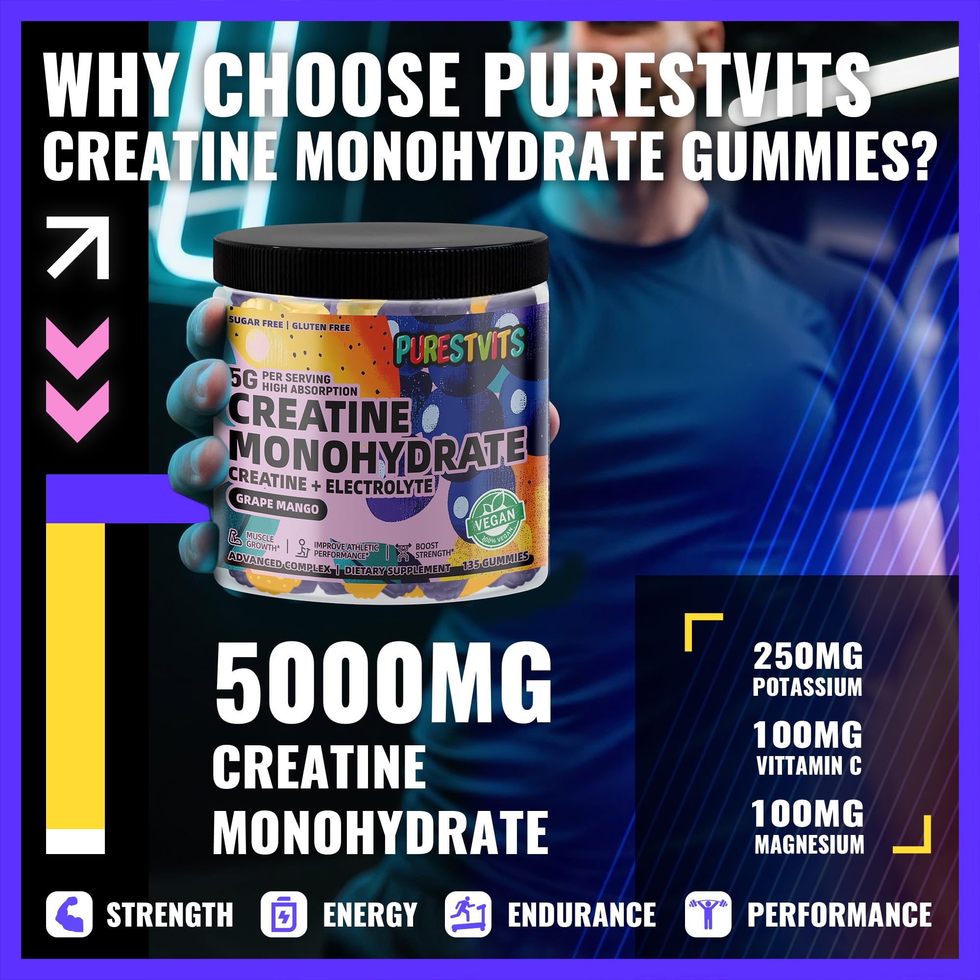 Three gummies serving demonstrates easy daily dose for energy and recovery.
