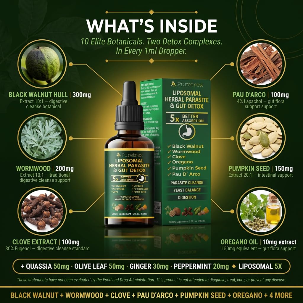 PURETREX Black Walnut ingredient panel—traditional blend supporting gut balance and gentle cleansing.