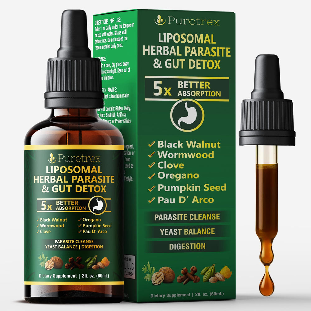 PURETREX Liposomal Parasite Drops bottle—fast-acting liquid format for on-the-go support.