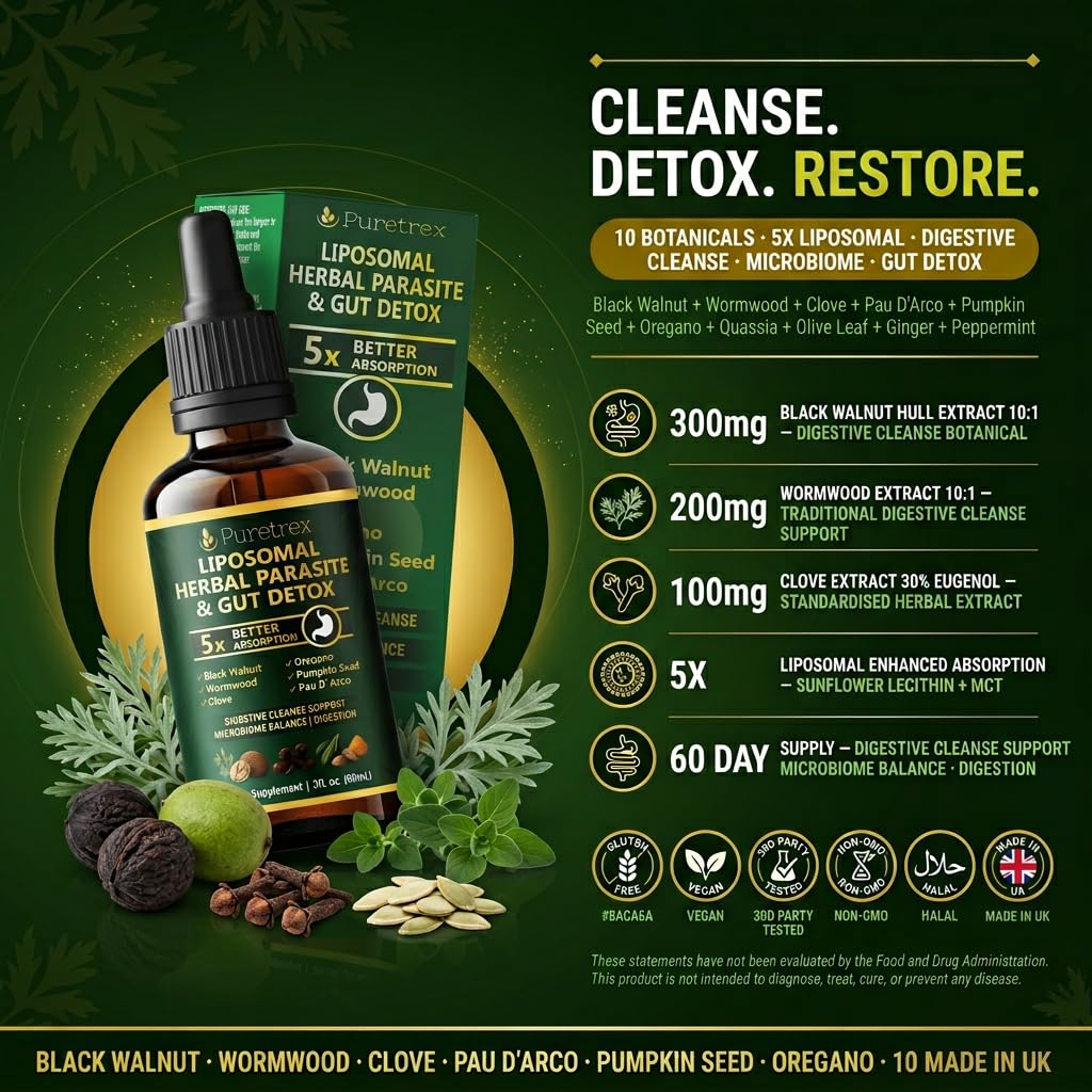 PURETREX Liposomal Parasite Drops pour—easy dosing for flexible daily use and quick absorption.