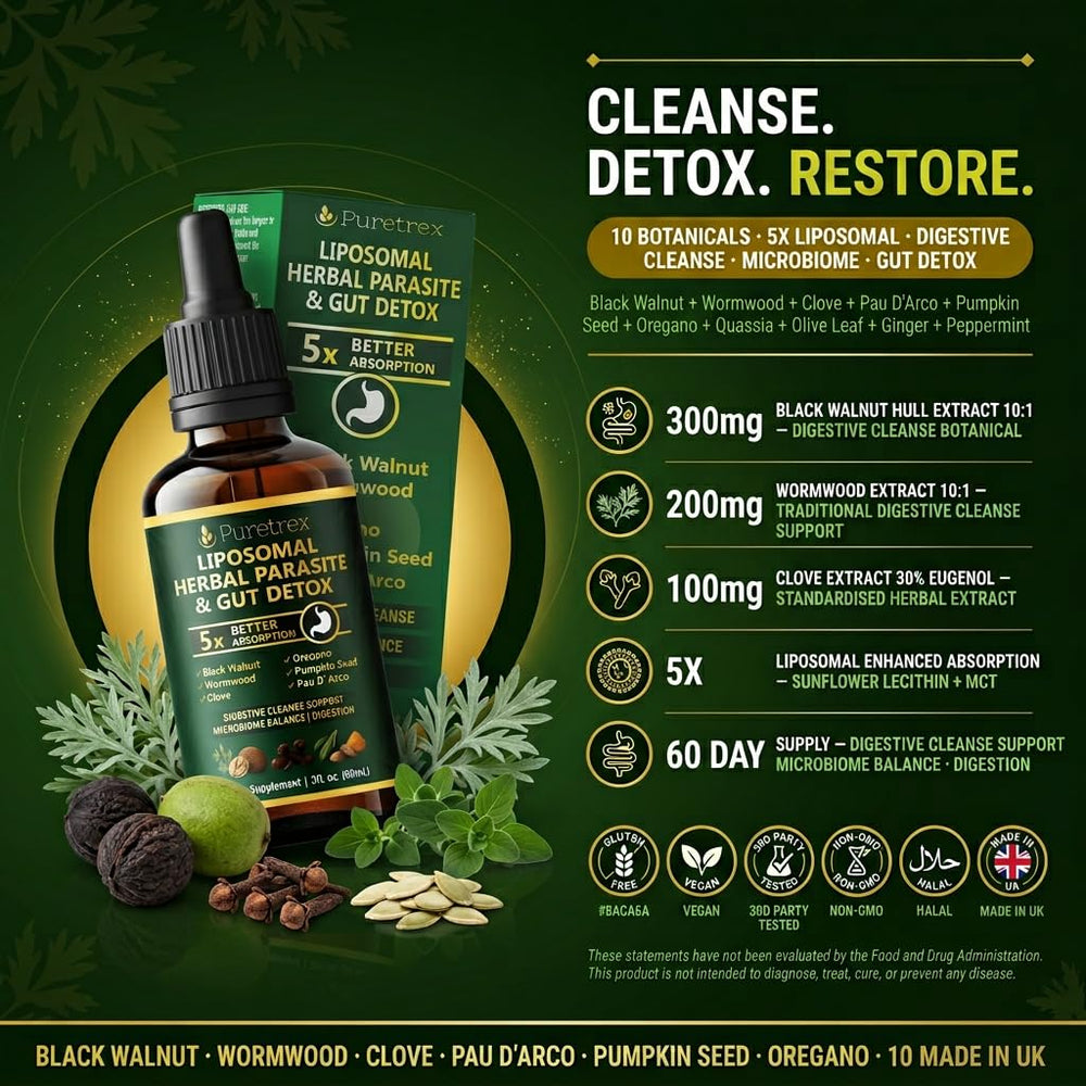 PURETREX Liposomal Parasite Drops pour—easy dosing for flexible daily use and quick absorption.