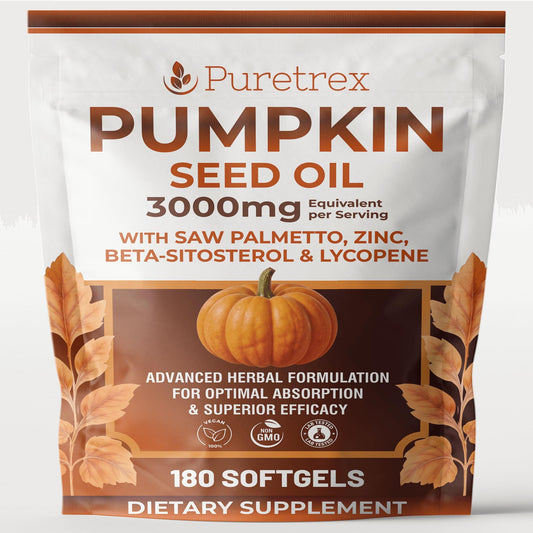 PURETREX Pumpkin Seed Oil Complex bottle and softgels for daily hormonal balance support