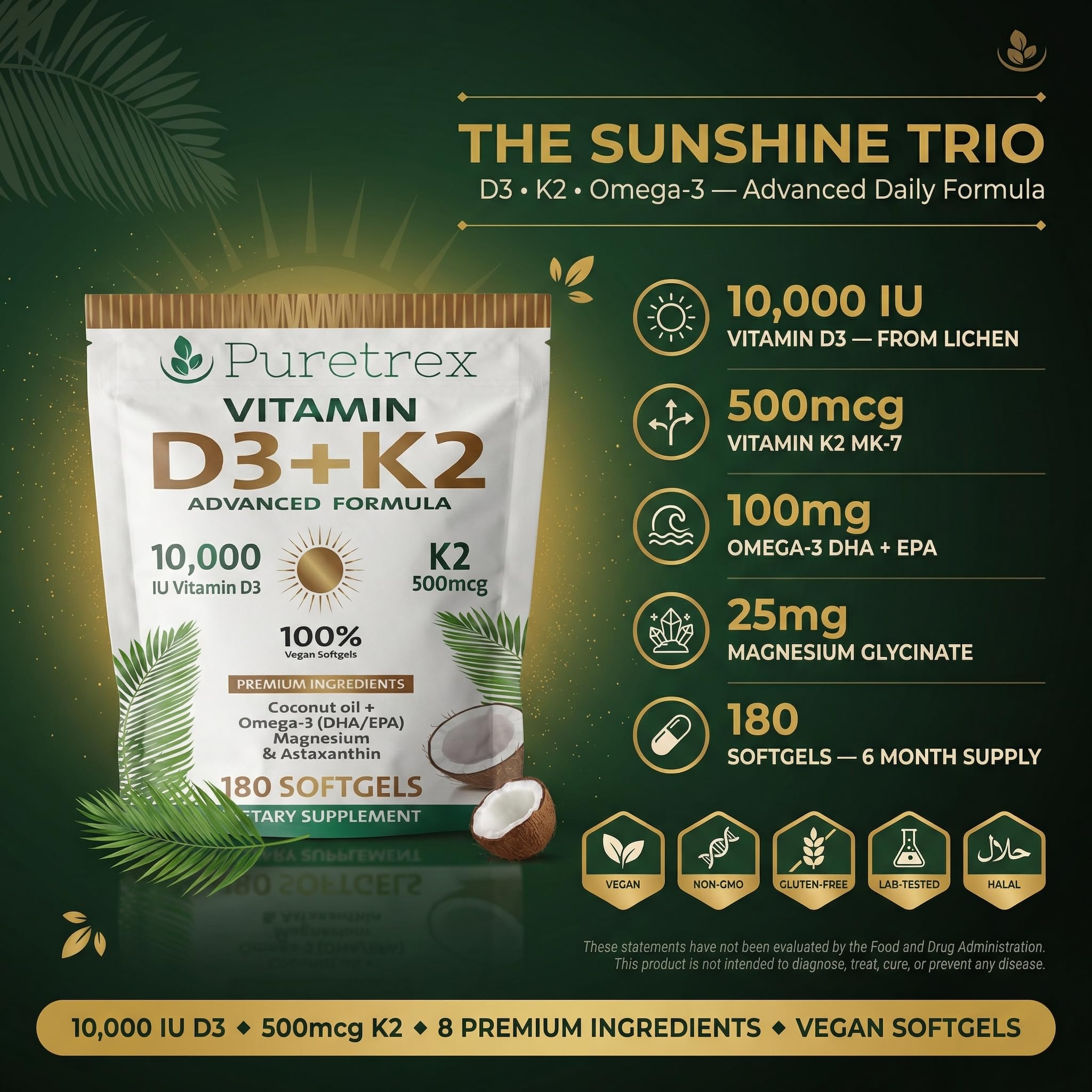 PureTrex Vitamin D3 10,000 IU close-up highlights D3-K2 blend for bone balance