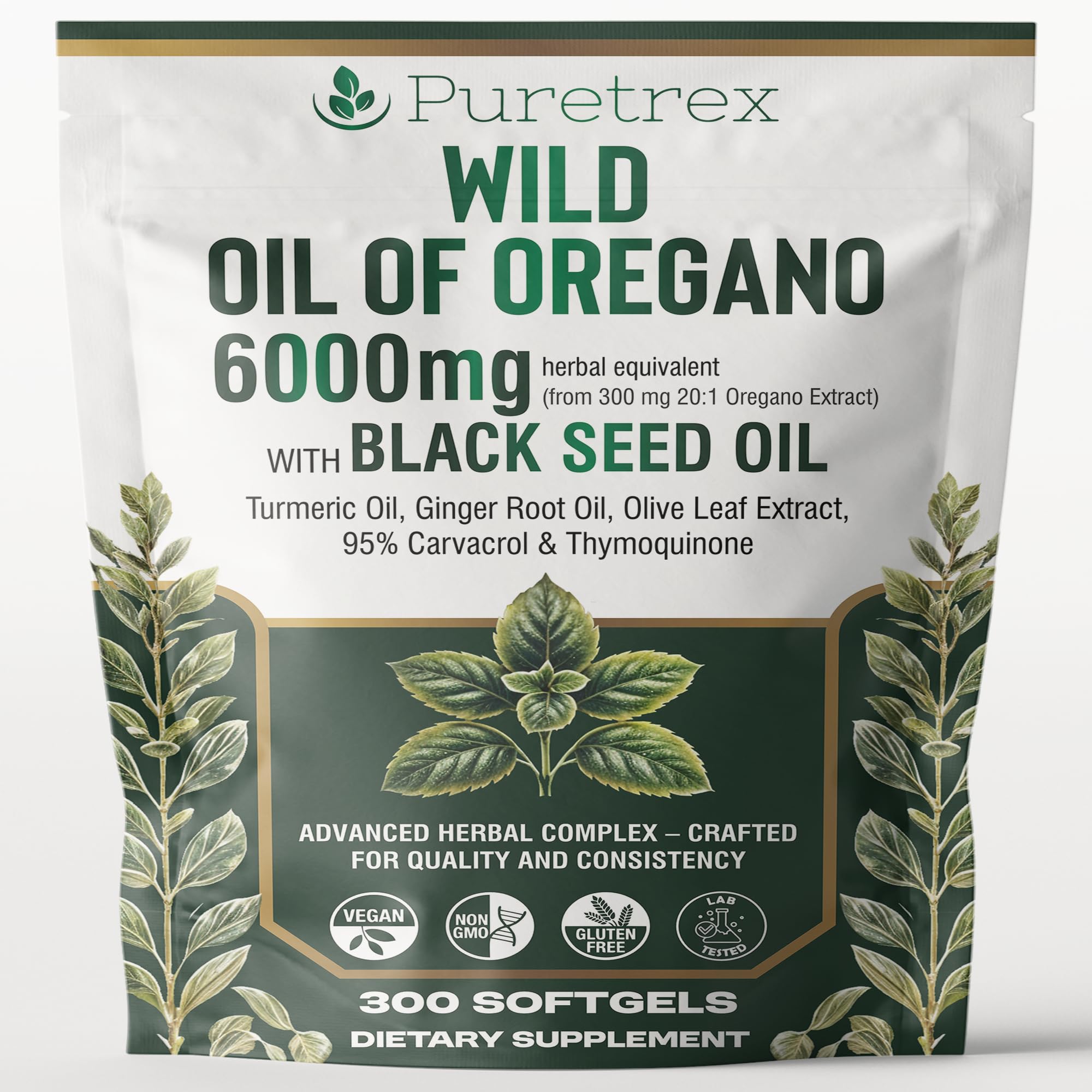 PURETREX Wild Oregano 6000mg bottle showcasing immune-support formula.