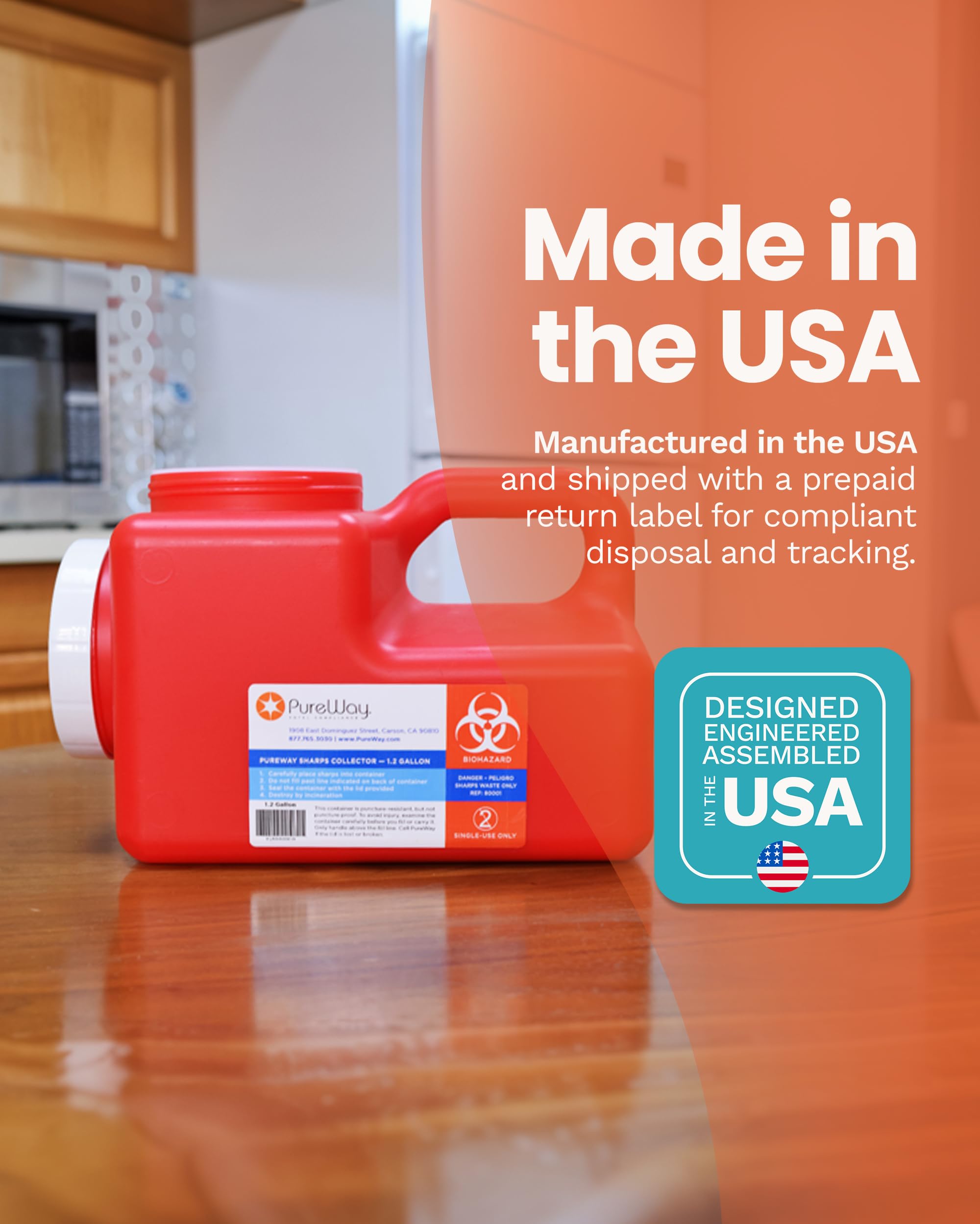 PureWay durable leak and puncture resistant sharps container for safe storage