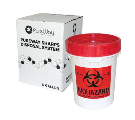 PureWay MailBack 5-gallon sharps container for home use, sturdy and secure storage.