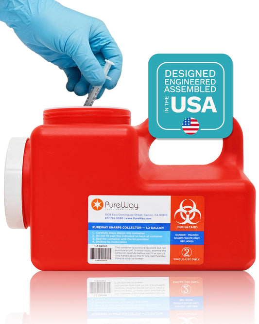 PureWay one-point-two-gallon sharps container front view for easy home disposal