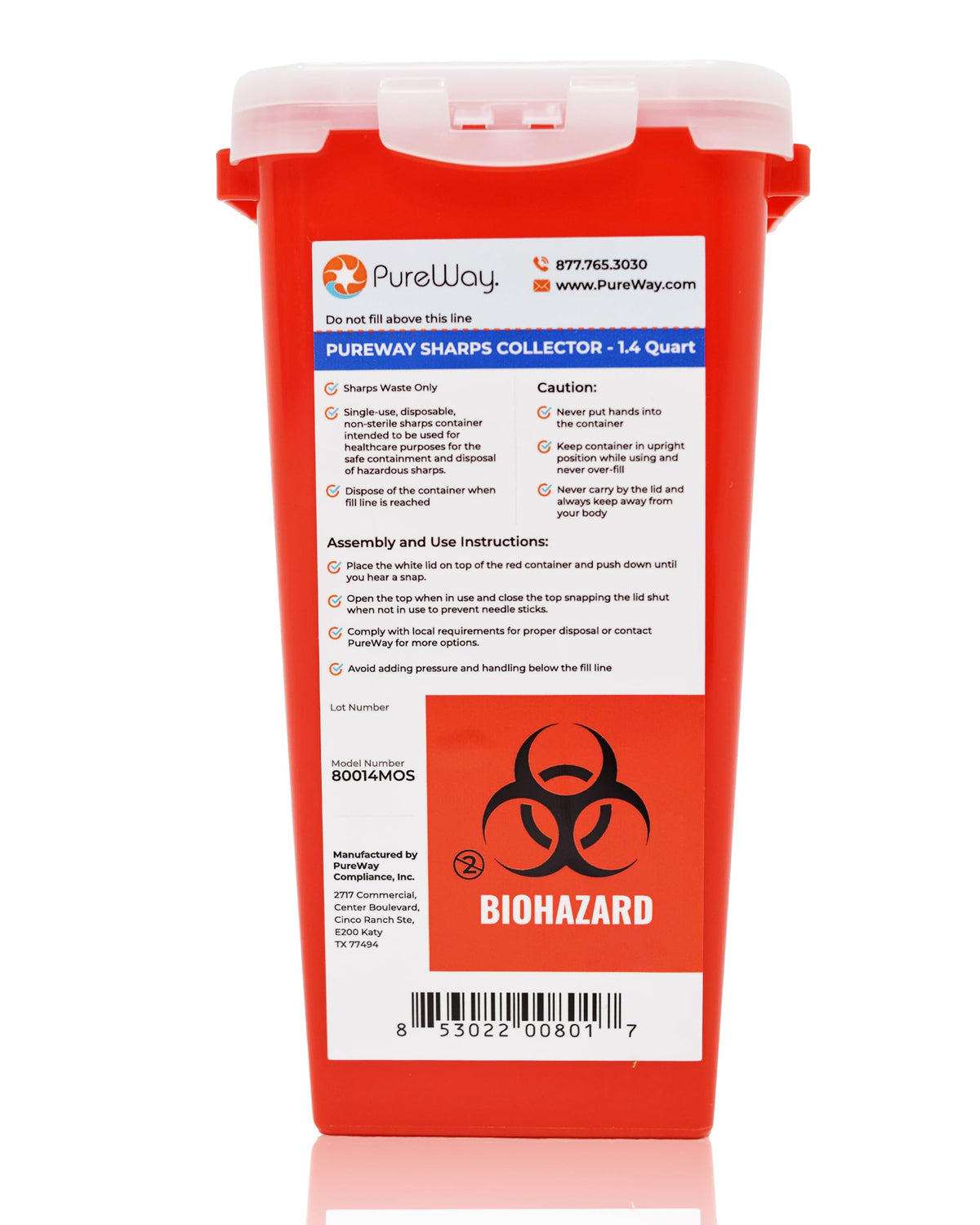 PureWay sharps container front view, compact design for home use and safe storage.