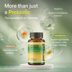 PUREWELL SCIENCES Psychobiotics capsules close-up highlighting vegan capsules.