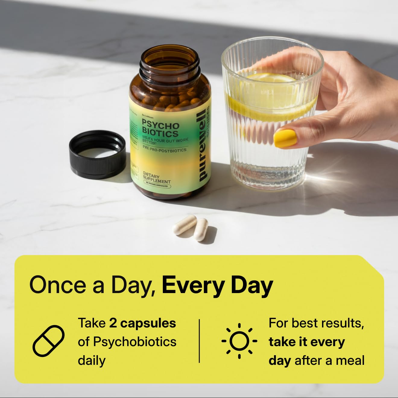 PUREWELL SCIENCES Psychobiotics shelf-stable bottle on a shelf.