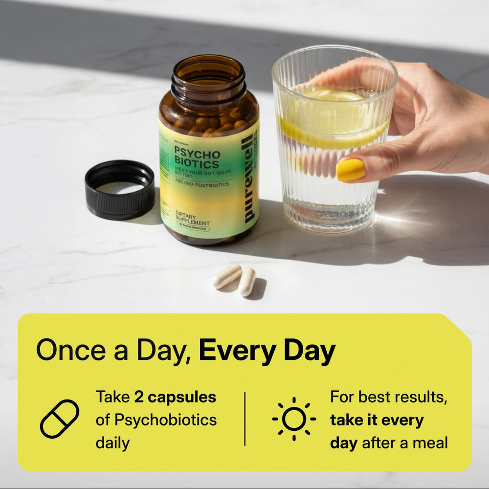 PUREWELL SCIENCES Psychobiotics shelf-stable bottle on a shelf.