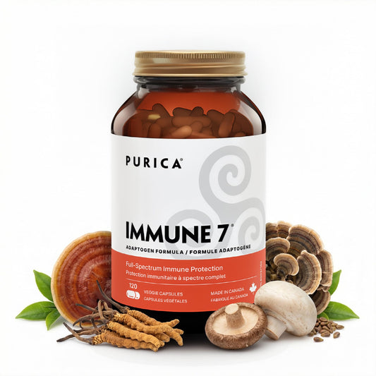 PURICA Immune 7 Complex bottle close-up with vegan capsules for daily balance