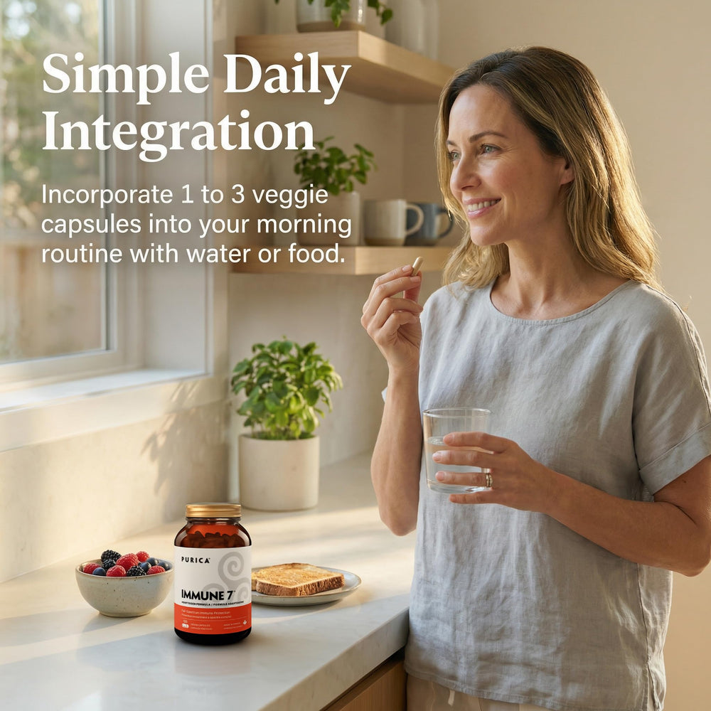  PURICA mushroom blend visual focus suggesting a holistic wellness ritual