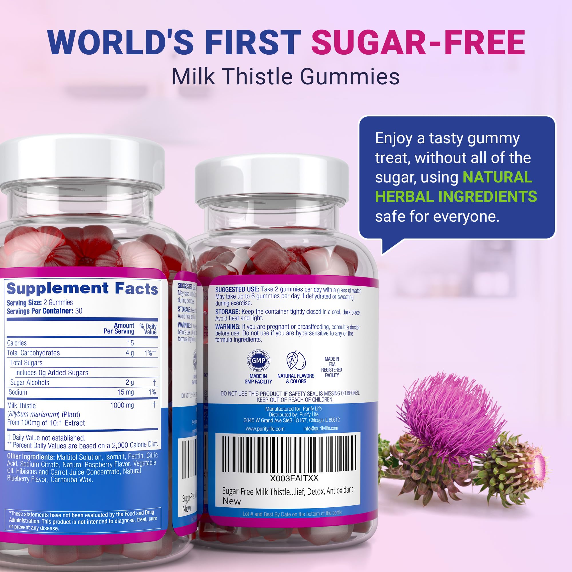 Purify Life blueberry-raz flavor gummies image highlights tasty flavor and daily routine compatibility