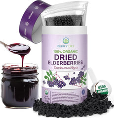 Purify Life organic dried elderberries in bulk packaging for immune-support recipes.