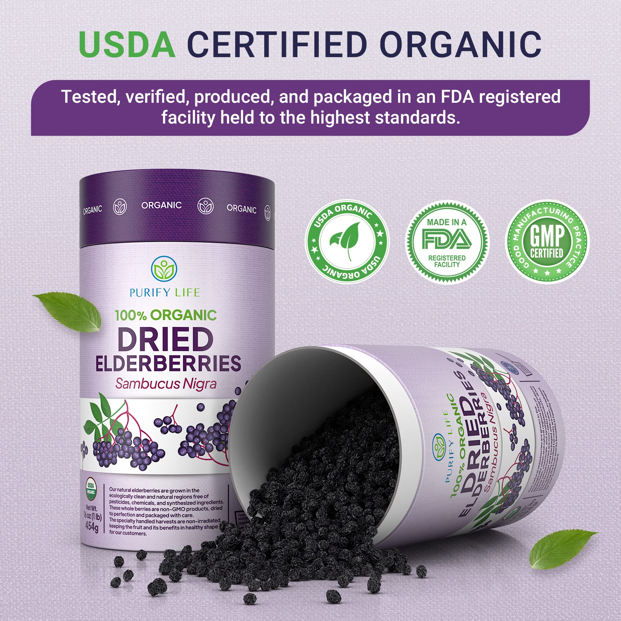 Purify Life elderberries used to create syrup, tea, or desserts.